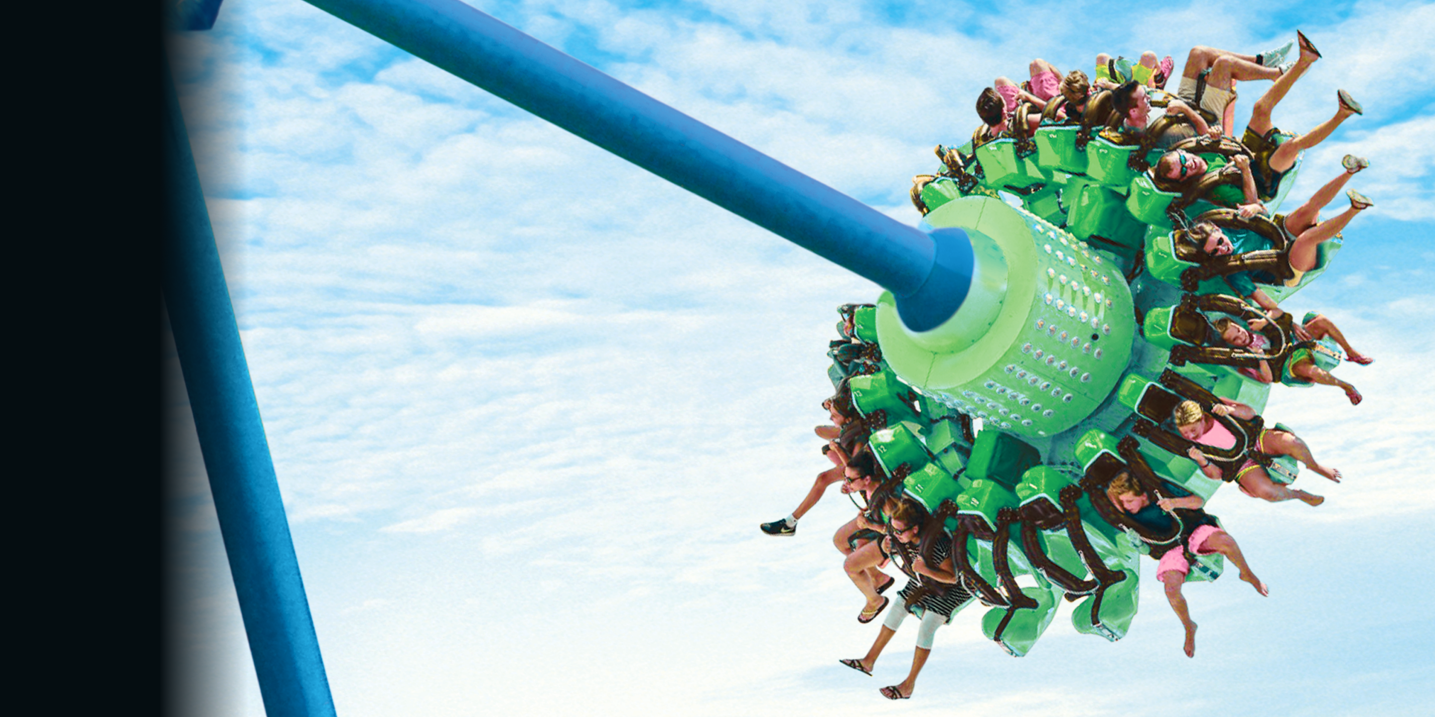 The Sea Swinger ride with people in the seats viewed from below