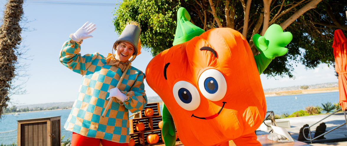 Spookley the Square Pumpkin and Jack Scarecrow costumed characters