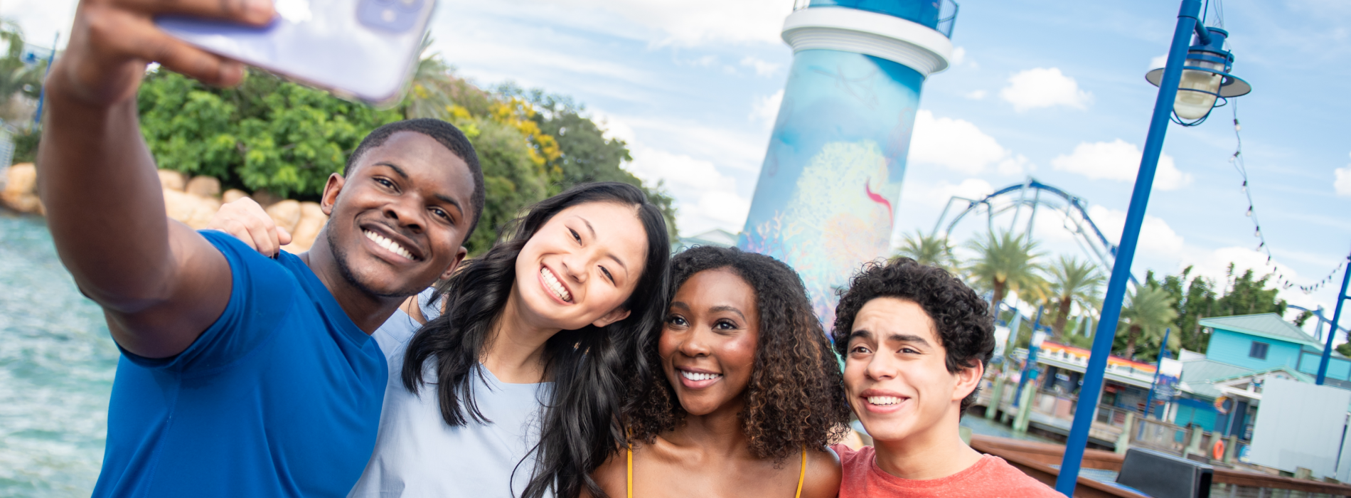 Four friends taking a selfie at SeaWorld Orlando