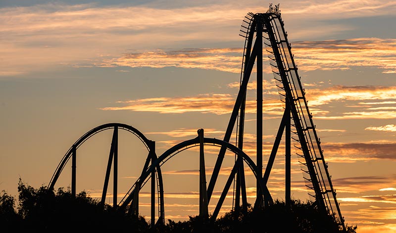 SeaWorld Orlando coaster track at sunrise